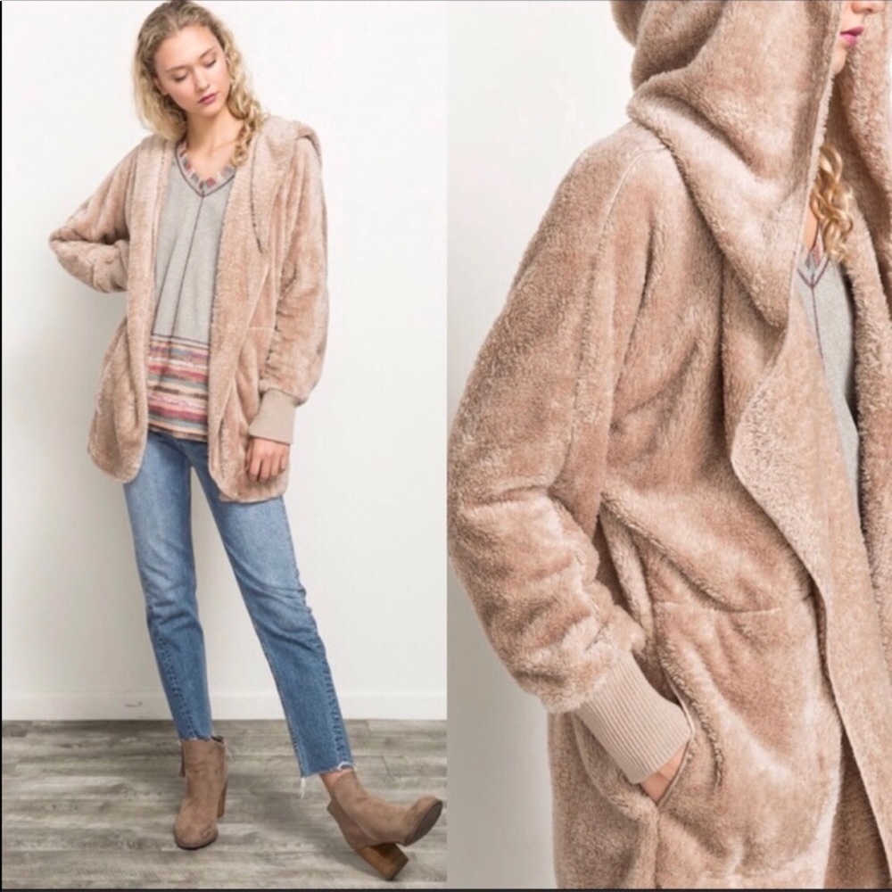 Taupe Blanket Fleece Cardigan Hoodie.